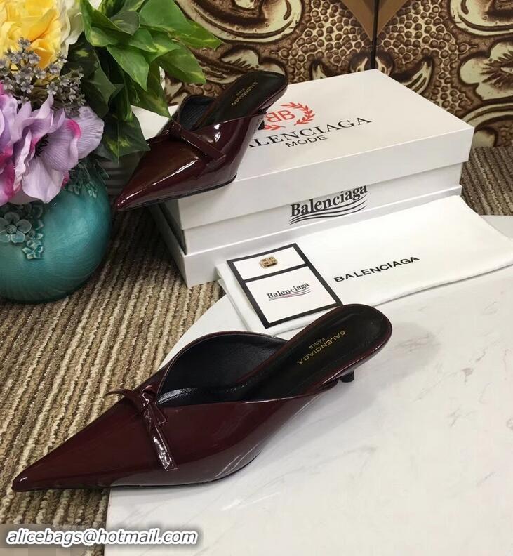 ​Discount Balenciaga Kitten Heel 4cm Pointed Toe Knife Mules Bow Patent B94801 Burgundy