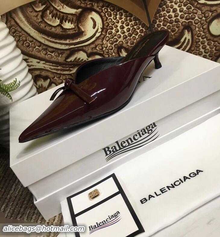 ​Discount Balenciaga Kitten Heel 4cm Pointed Toe Knife Mules Bow Patent B94801 Burgundy