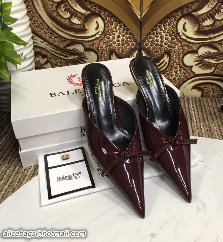 ​Discount Balenciaga Kitten Heel 4cm Pointed Toe Knife Mules Bow Patent B94801 Burgundy