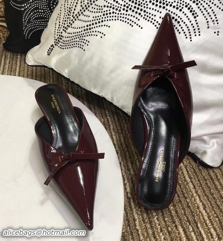 ​Discount Balenciaga Kitten Heel 4cm Pointed Toe Knife Mules Bow Patent B94801 Burgundy