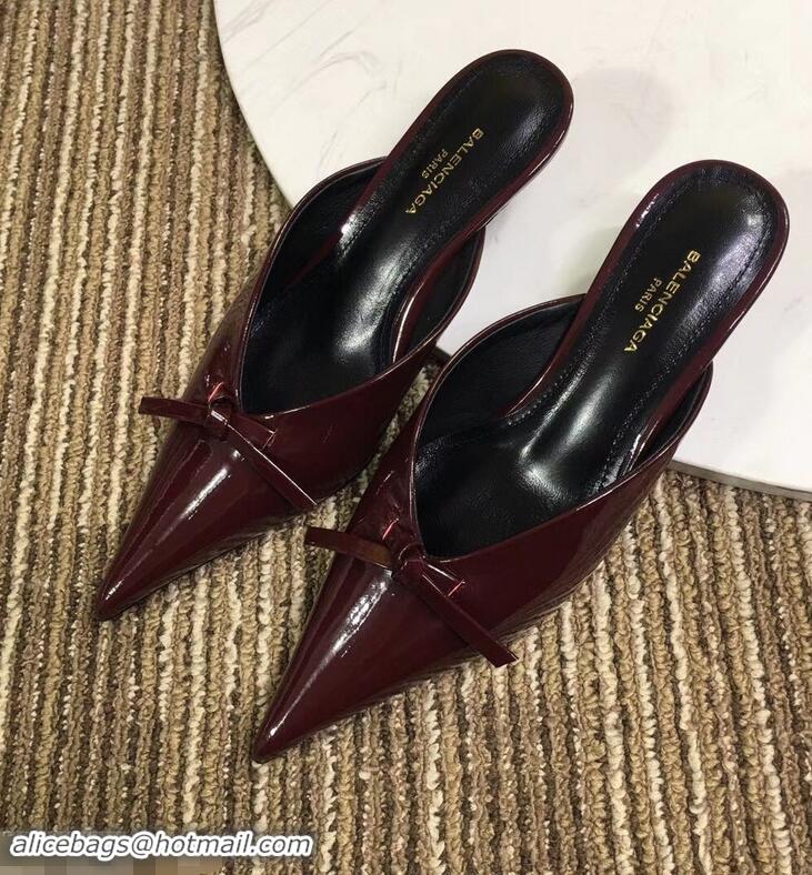 ​Discount Balenciaga Kitten Heel 4cm Pointed Toe Knife Mules Bow Patent B94801 Burgundy