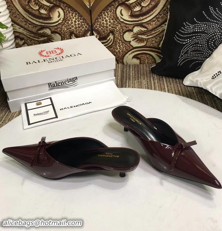 ​Discount Balenciaga Kitten Heel 4cm Pointed Toe Knife Mules Bow Patent B94801 Burgundy