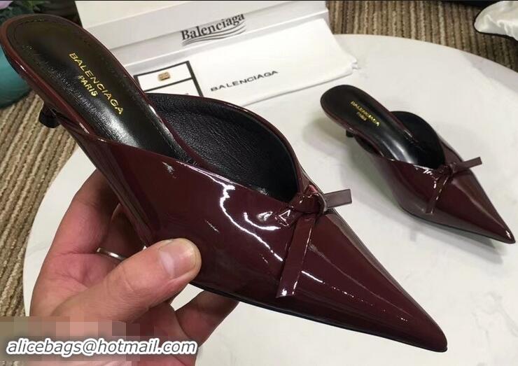 ​Discount Balenciaga Kitten Heel 4cm Pointed Toe Knife Mules Bow Patent B94801 Burgundy