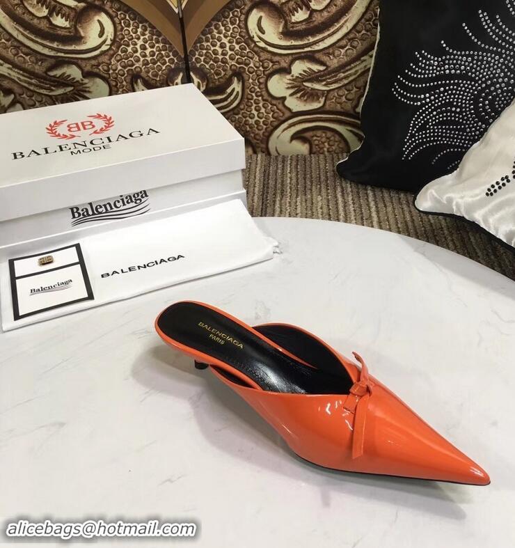 Low Price Balenciaga Kitten Heel 4cm Pointed Toe Knife Mules Bow Patent B94801 Orange