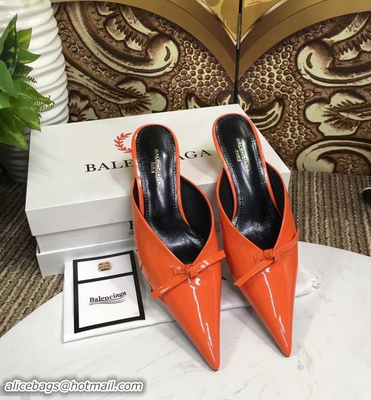 Low Price Balenciaga Kitten Heel 4cm Pointed Toe Knife Mules Bow Patent B94801 Orange