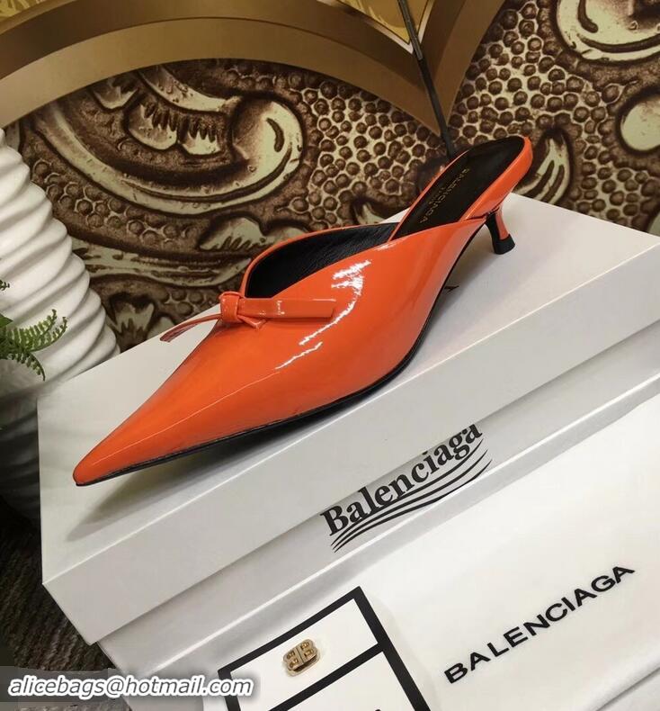 Low Price Balenciaga Kitten Heel 4cm Pointed Toe Knife Mules Bow Patent B94801 Orange