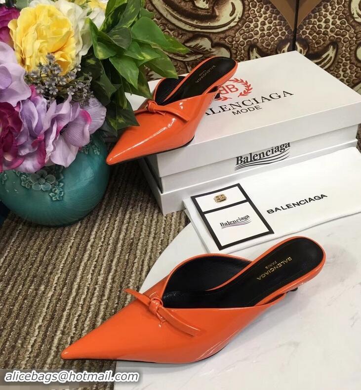 Low Price Balenciaga Kitten Heel 4cm Pointed Toe Knife Mules Bow Patent B94801 Orange