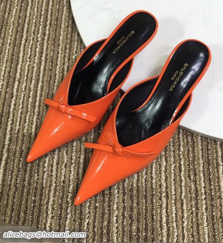 Low Price Balenciaga Kitten Heel 4cm Pointed Toe Knife Mules Bow Patent B94801 Orange