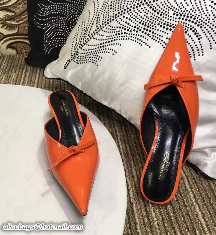 Low Price Balenciaga Kitten Heel 4cm Pointed Toe Knife Mules Bow Patent B94801 Orange