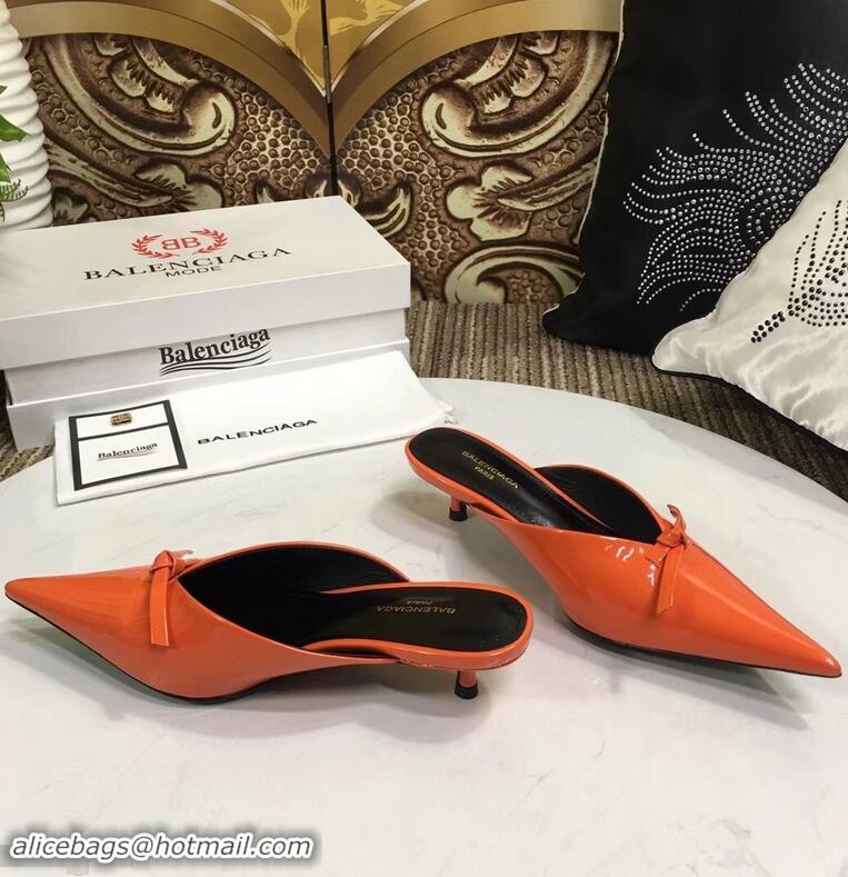 Low Price Balenciaga Kitten Heel 4cm Pointed Toe Knife Mules Bow Patent B94801 Orange