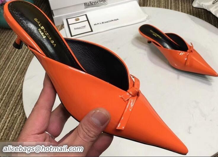 Low Price Balenciaga Kitten Heel 4cm Pointed Toe Knife Mules Bow Patent B94801 Orange