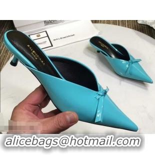 Super Quality Balenciaga Kitten Heel 4cm Pointed Toe Knife Mules Bow Patent B94801 Turquoise