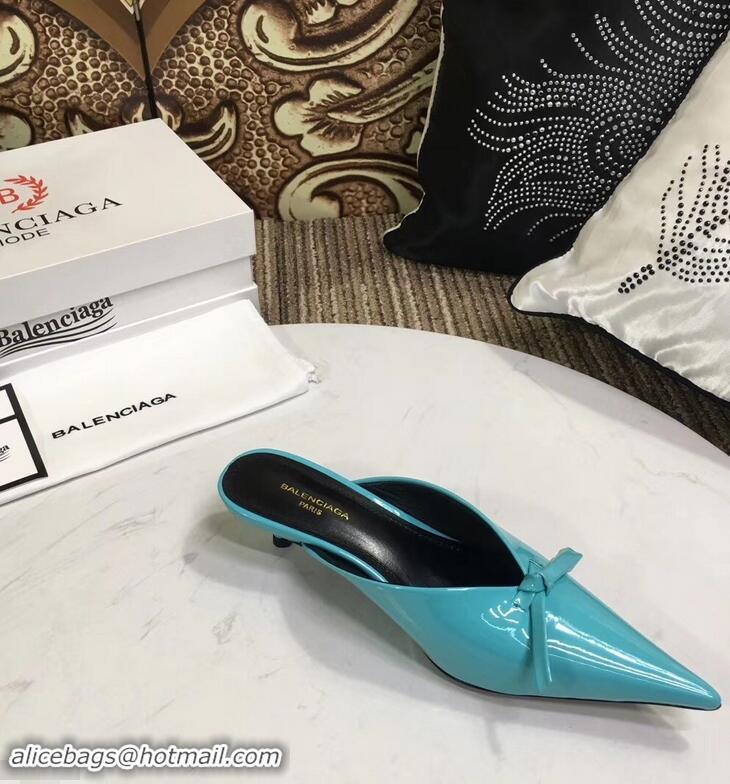 Super Quality Balenciaga Kitten Heel 4cm Pointed Toe Knife Mules Bow Patent B94801 Turquoise