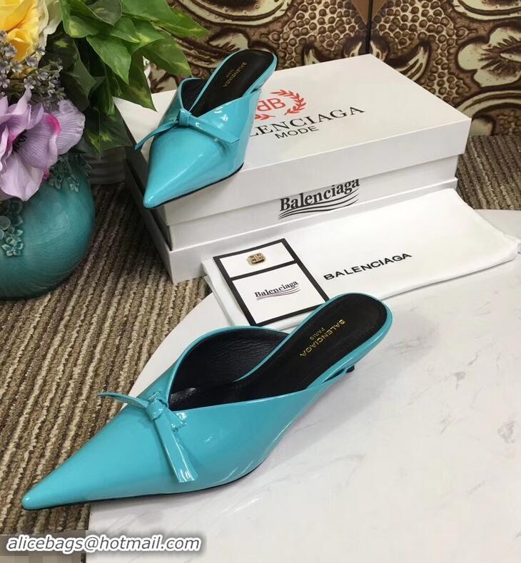 Super Quality Balenciaga Kitten Heel 4cm Pointed Toe Knife Mules Bow Patent B94801 Turquoise