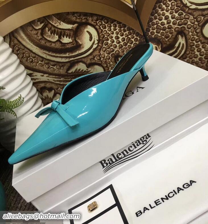 Super Quality Balenciaga Kitten Heel 4cm Pointed Toe Knife Mules Bow Patent B94801 Turquoise