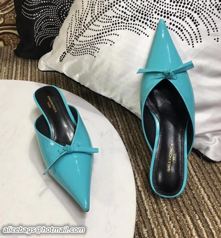 Super Quality Balenciaga Kitten Heel 4cm Pointed Toe Knife Mules Bow Patent B94801 Turquoise