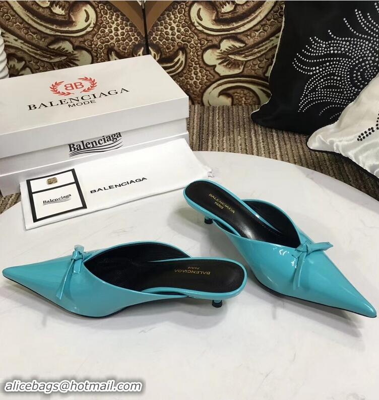 Super Quality Balenciaga Kitten Heel 4cm Pointed Toe Knife Mules Bow Patent B94801 Turquoise