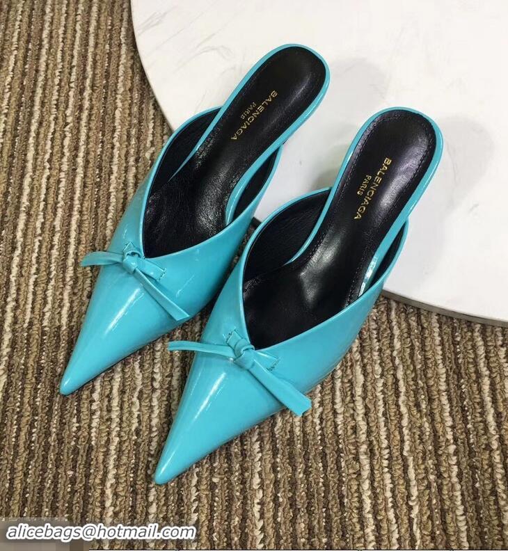 Super Quality Balenciaga Kitten Heel 4cm Pointed Toe Knife Mules Bow Patent B94801 Turquoise