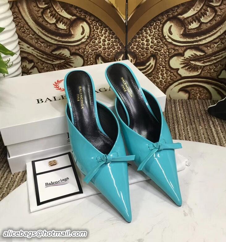 Super Quality Balenciaga Kitten Heel 4cm Pointed Toe Knife Mules Bow Patent B94801 Turquoise