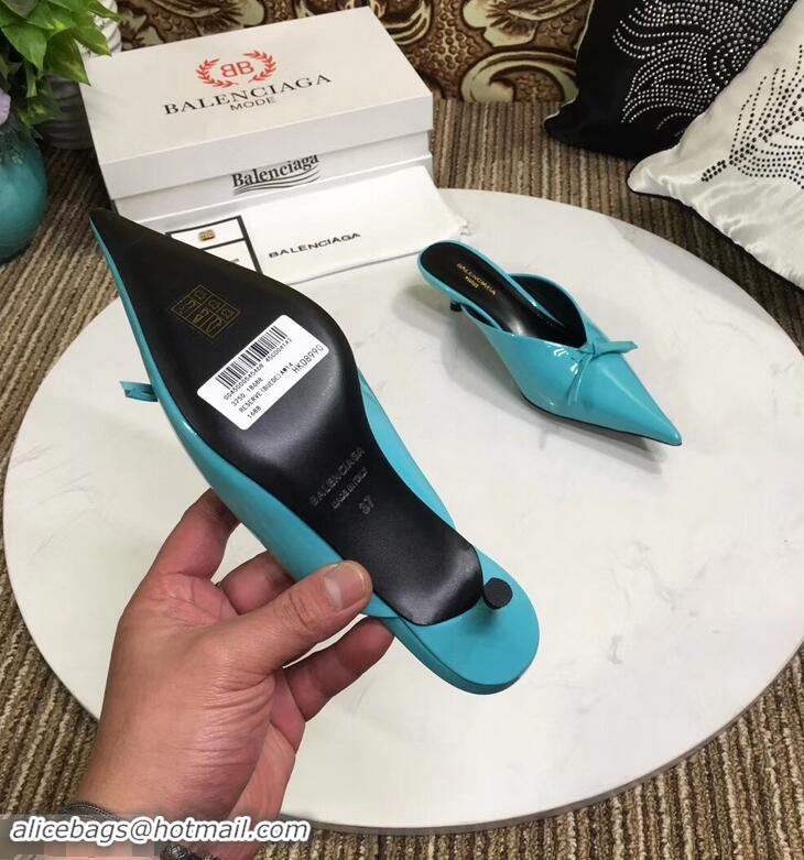 Super Quality Balenciaga Kitten Heel 4cm Pointed Toe Knife Mules Bow Patent B94801 Turquoise