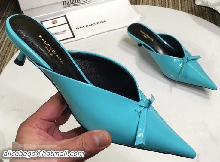 Super Quality Balenciaga Kitten Heel 4cm Pointed Toe Knife Mules Bow Patent B94801 Turquoise