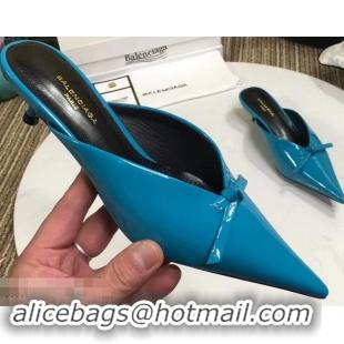 Unique Cheap Balenciaga Kitten Heel 4cm Pointed Toe Knife Mules Bow Patent B94801 Cyan