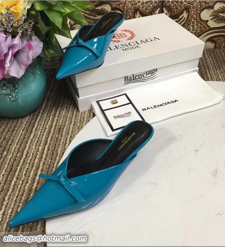 Unique Cheap Balenciaga Kitten Heel 4cm Pointed Toe Knife Mules Bow Patent B94801 Cyan