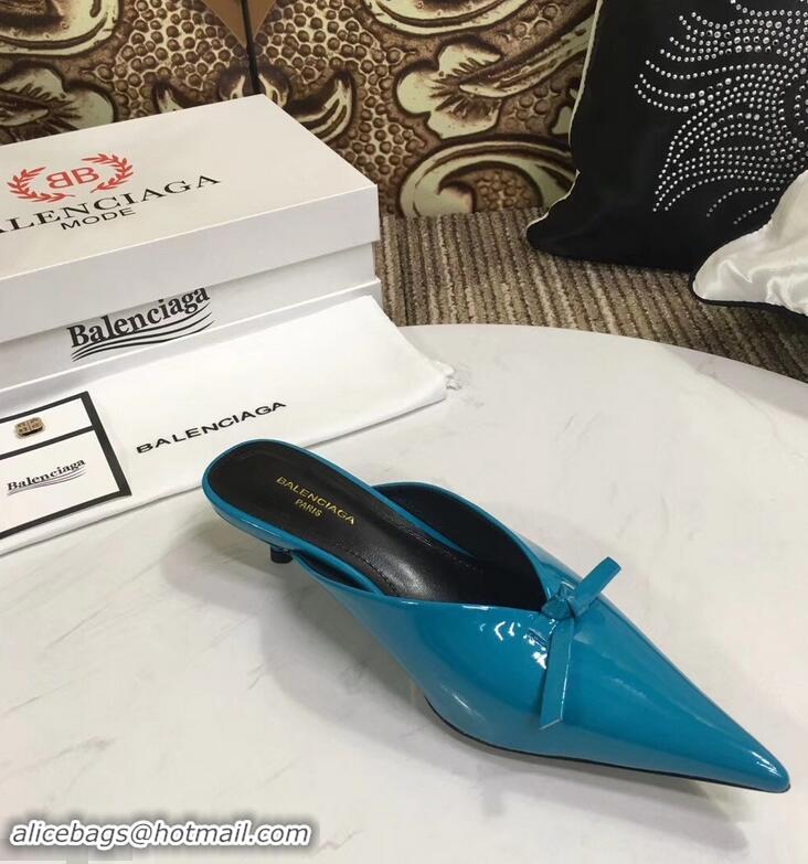 Unique Cheap Balenciaga Kitten Heel 4cm Pointed Toe Knife Mules Bow Patent B94801 Cyan