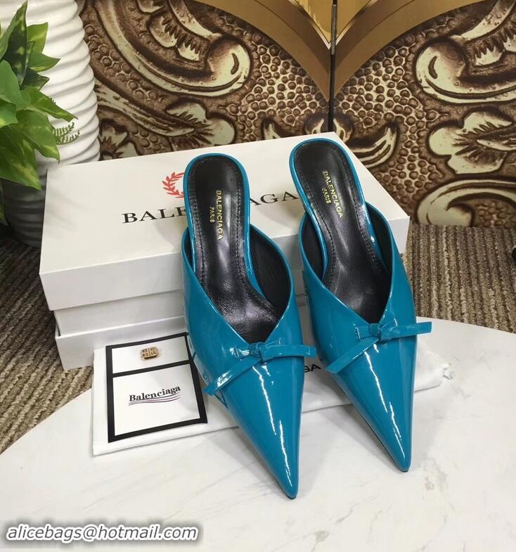 Unique Cheap Balenciaga Kitten Heel 4cm Pointed Toe Knife Mules Bow Patent B94801 Cyan