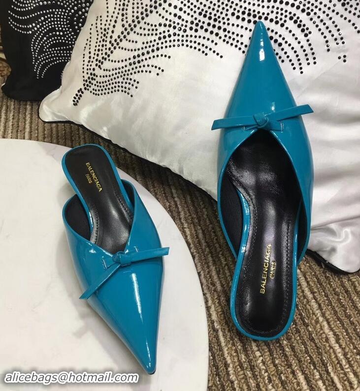 Unique Cheap Balenciaga Kitten Heel 4cm Pointed Toe Knife Mules Bow Patent B94801 Cyan