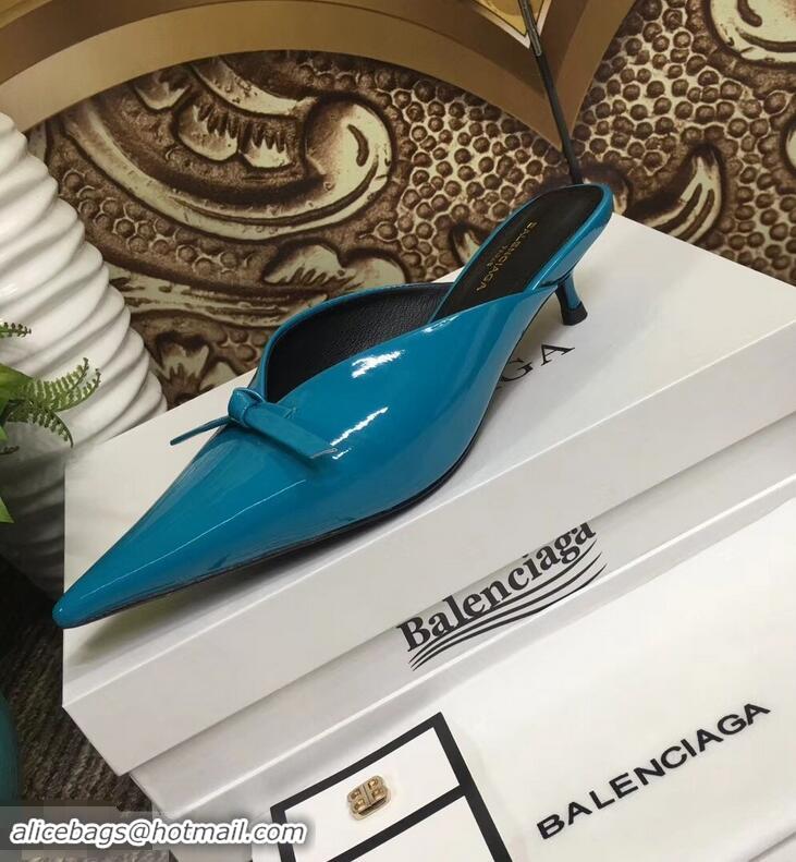 Unique Cheap Balenciaga Kitten Heel 4cm Pointed Toe Knife Mules Bow Patent B94801 Cyan