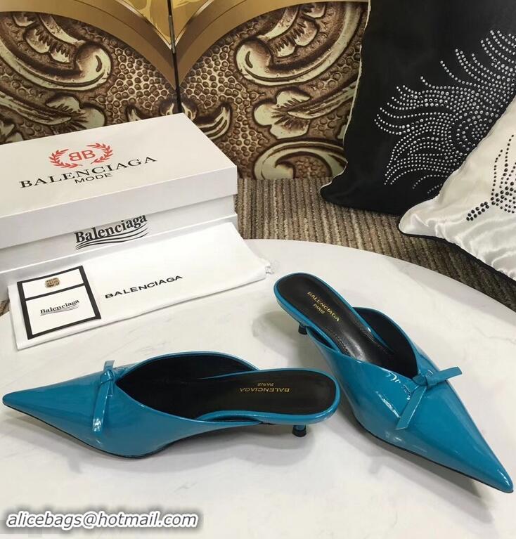 Unique Cheap Balenciaga Kitten Heel 4cm Pointed Toe Knife Mules Bow Patent B94801 Cyan