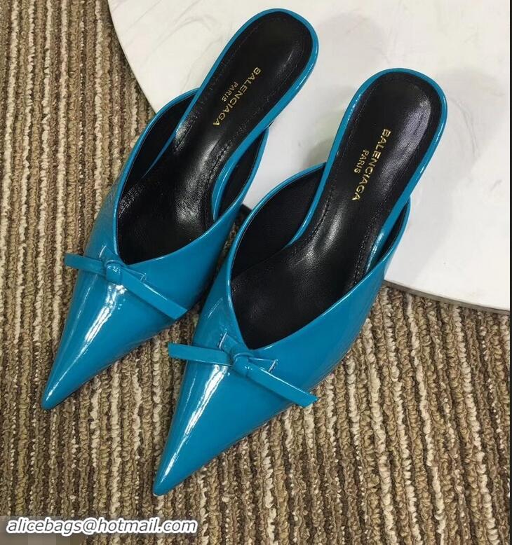 Unique Cheap Balenciaga Kitten Heel 4cm Pointed Toe Knife Mules Bow Patent B94801 Cyan