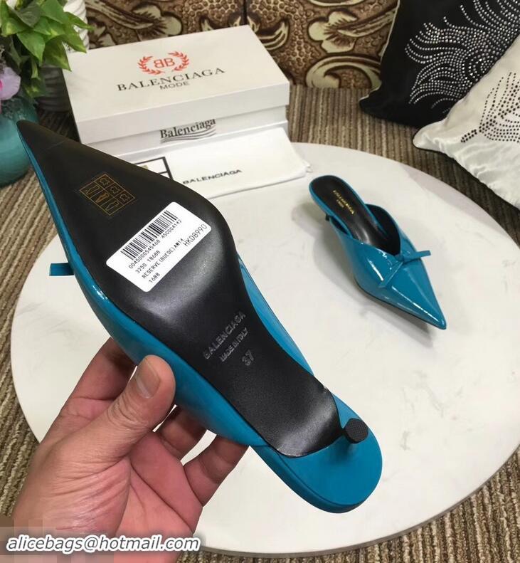 Unique Cheap Balenciaga Kitten Heel 4cm Pointed Toe Knife Mules Bow Patent B94801 Cyan