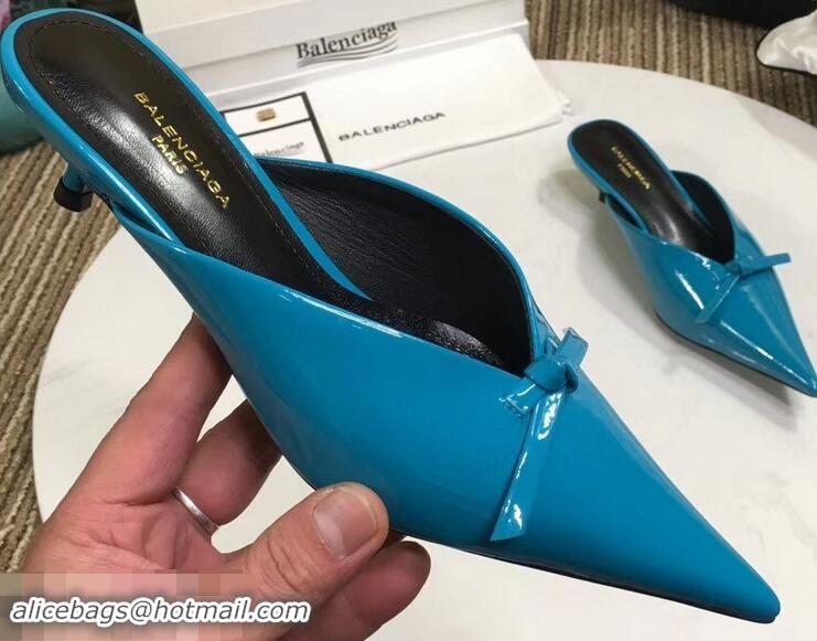 Unique Cheap Balenciaga Kitten Heel 4cm Pointed Toe Knife Mules Bow Patent B94801 Cyan