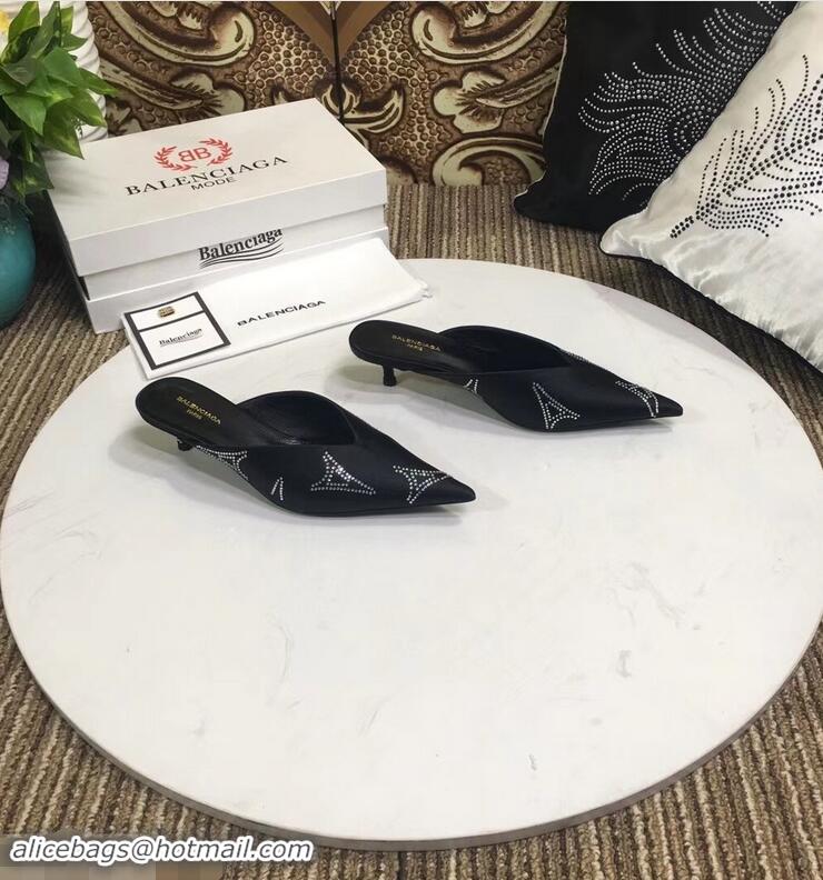 Replicas Balenciaga Eiffel Tower Strassed Satin Heel 4cm Knife Mules B94809 Black 2019