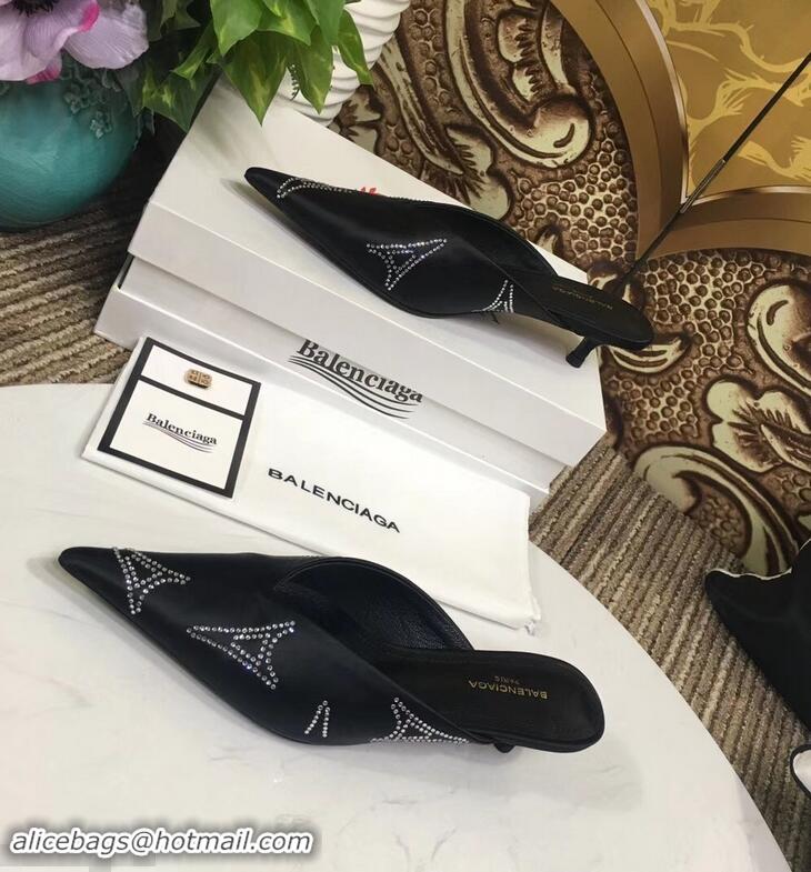 Replicas Balenciaga Eiffel Tower Strassed Satin Heel 4cm Knife Mules B94809 Black 2019