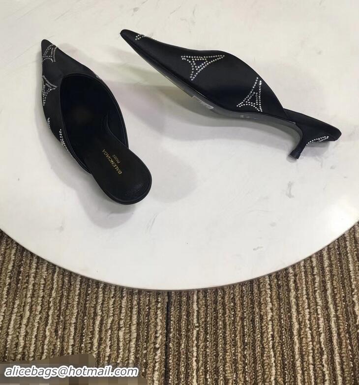 Replicas Balenciaga Eiffel Tower Strassed Satin Heel 4cm Knife Mules B94809 Black 2019