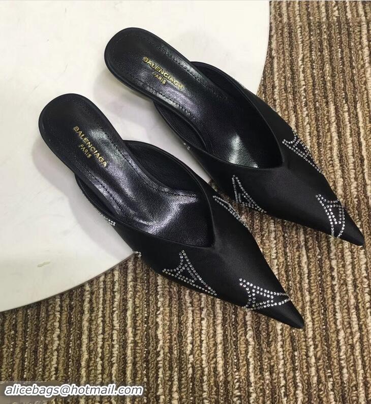 Replicas Balenciaga Eiffel Tower Strassed Satin Heel 4cm Knife Mules B94809 Black 2019