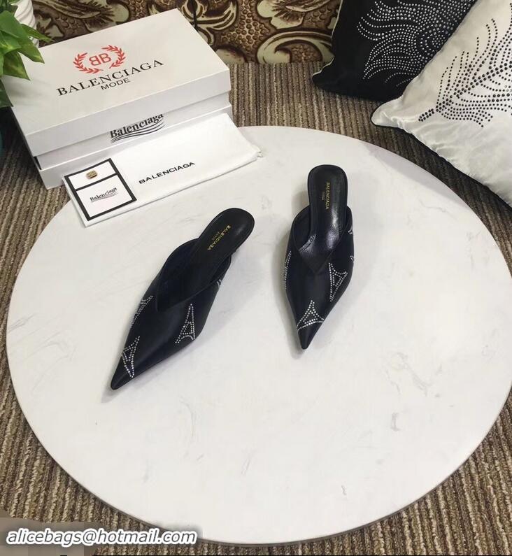 Replicas Balenciaga Eiffel Tower Strassed Satin Heel 4cm Knife Mules B94809 Black 2019