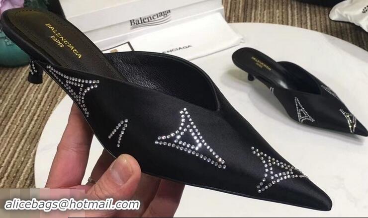 Replicas Balenciaga Eiffel Tower Strassed Satin Heel 4cm Knife Mules B94809 Black 2019