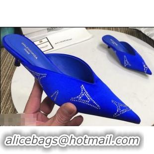 Fake Balenciaga Eiffel Tower Strassed Satin Heel 4cm Knife Mules B94809 Blue 2019