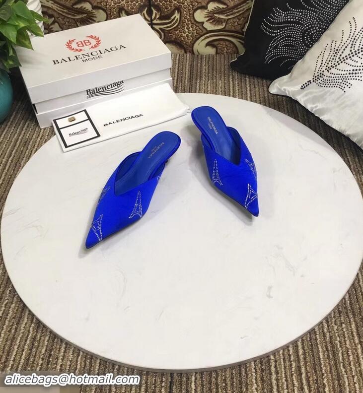 Fake Balenciaga Eiffel Tower Strassed Satin Heel 4cm Knife Mules B94809 Blue 2019