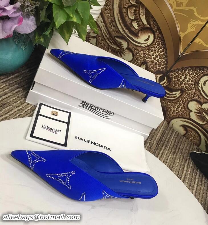 Fake Balenciaga Eiffel Tower Strassed Satin Heel 4cm Knife Mules B94809 Blue 2019