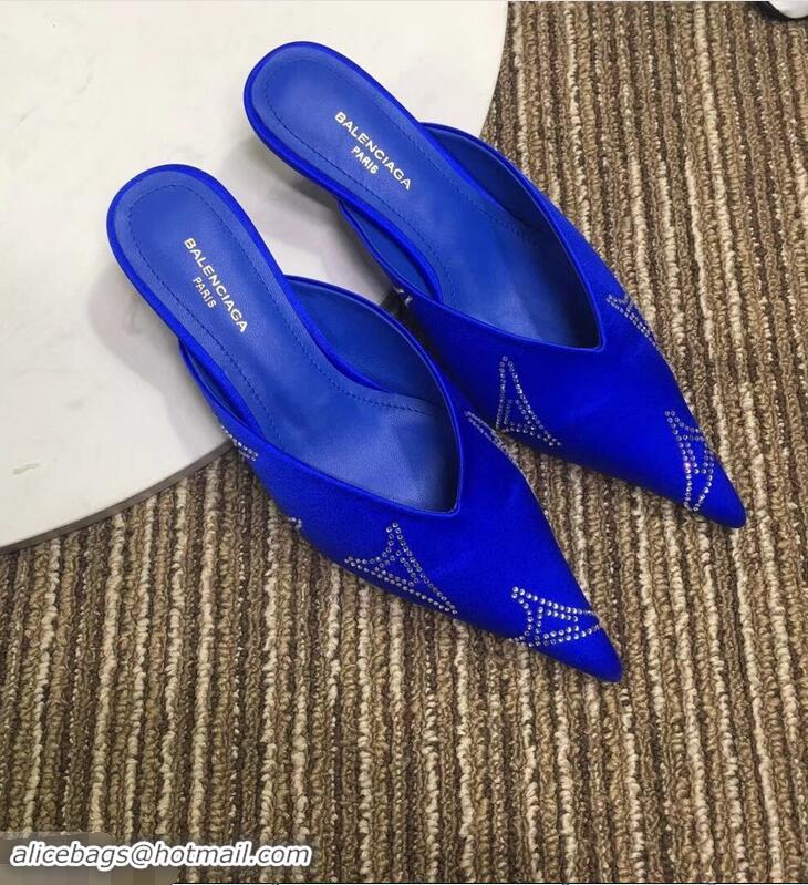 Fake Balenciaga Eiffel Tower Strassed Satin Heel 4cm Knife Mules B94809 Blue 2019