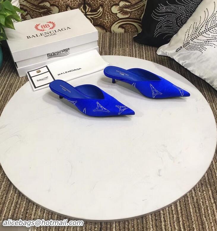 Fake Balenciaga Eiffel Tower Strassed Satin Heel 4cm Knife Mules B94809 Blue 2019