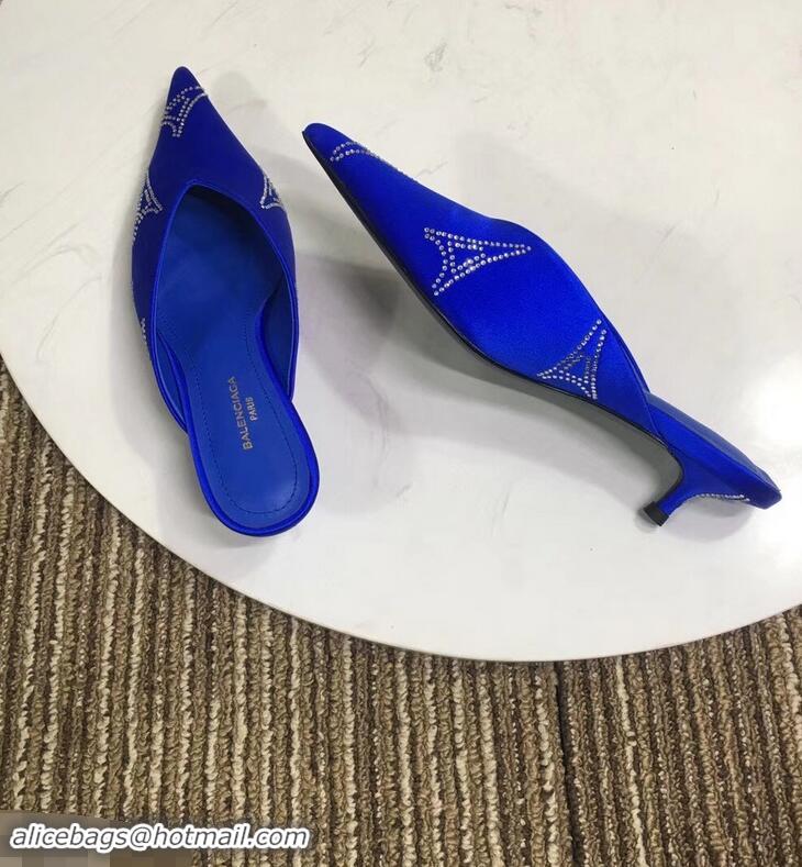 Fake Balenciaga Eiffel Tower Strassed Satin Heel 4cm Knife Mules B94809 Blue 2019