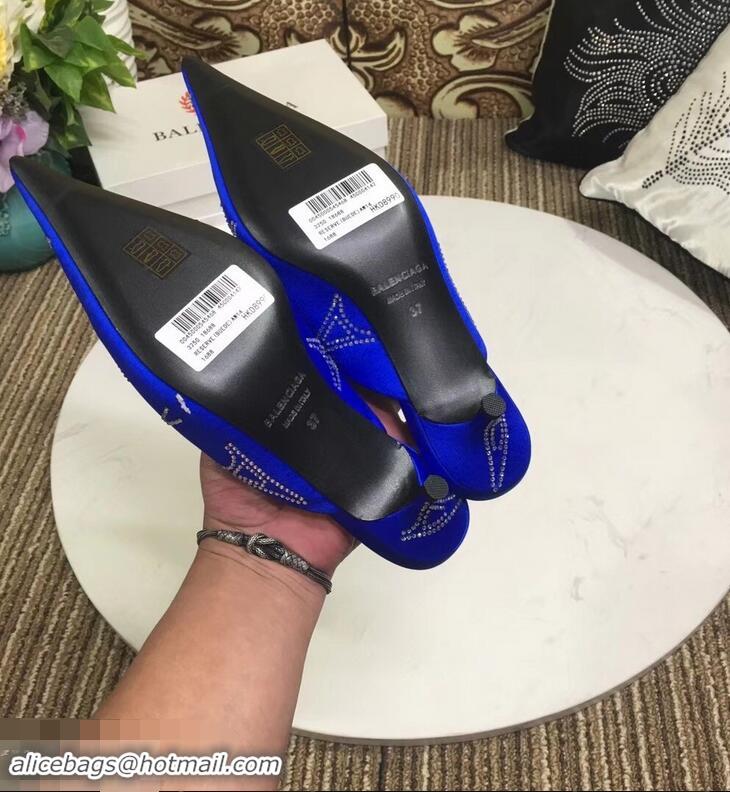 Fake Balenciaga Eiffel Tower Strassed Satin Heel 4cm Knife Mules B94809 Blue 2019