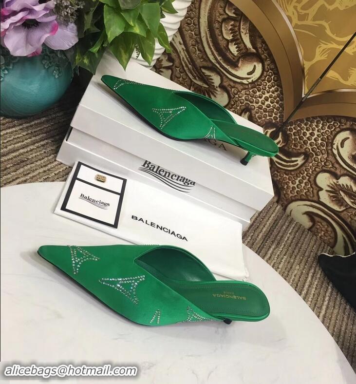 Top Quality Balenciaga Eiffel Tower Strassed Satin Heel 4cm Knife Mules B94809 Green 2019