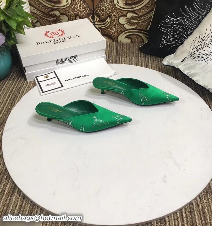 Top Quality Balenciaga Eiffel Tower Strassed Satin Heel 4cm Knife Mules B94809 Green 2019